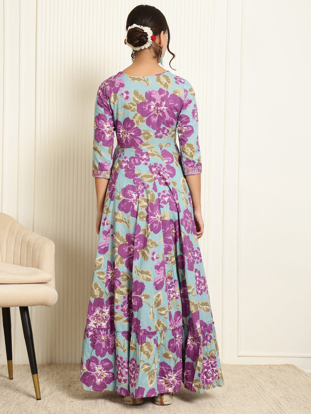 Cotton Ankle Length Printed Flared 3/4 Sleeves V-Neck Gown