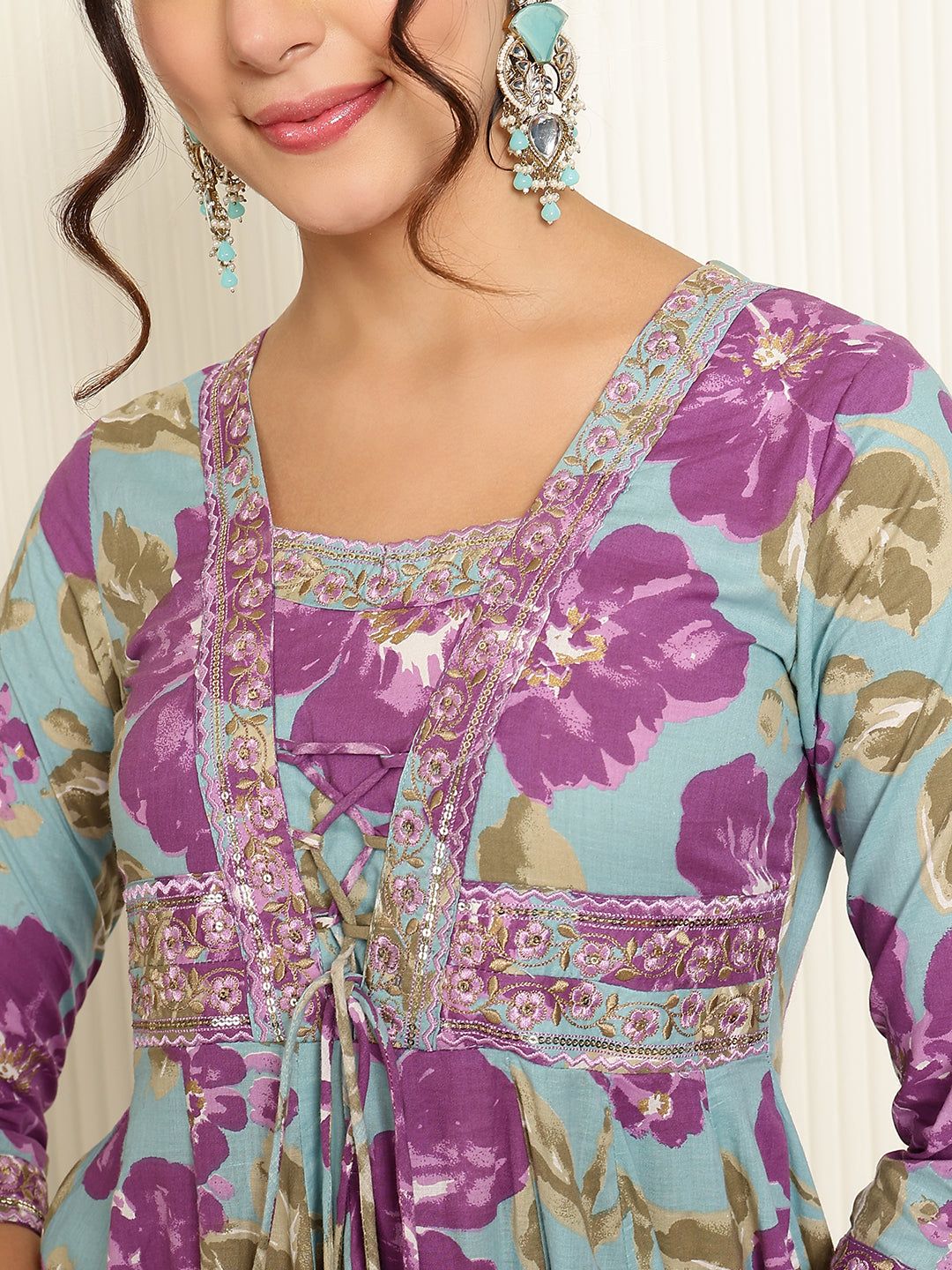 Cotton Ankle Length Printed Flared 3/4 Sleeves V-Neck Gown