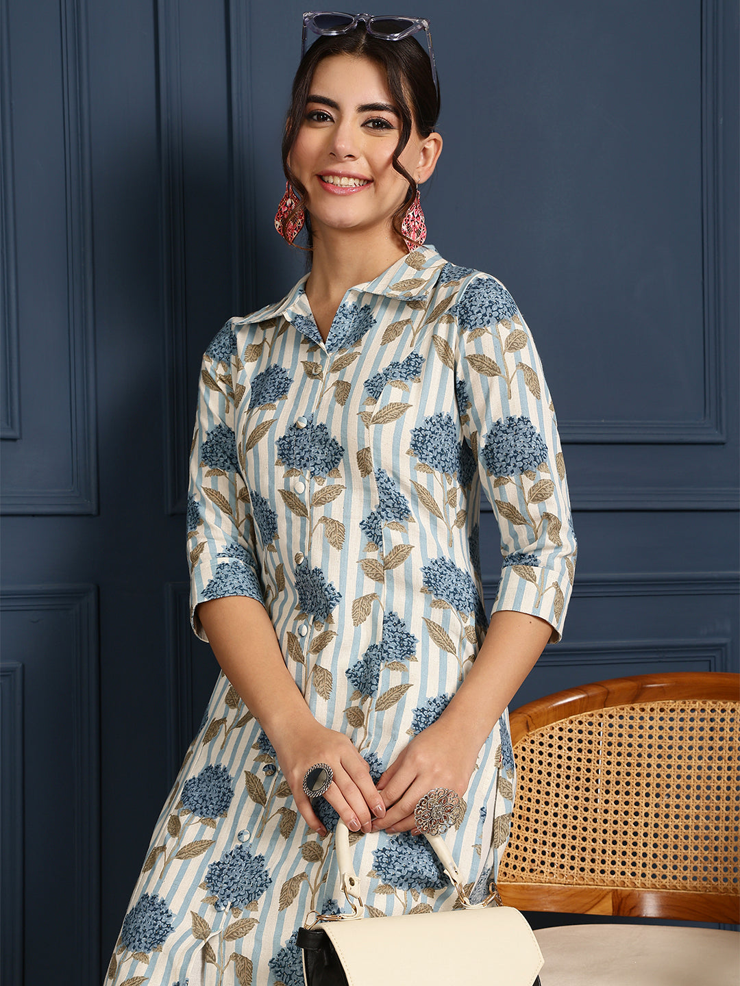 Flex Calf Length Printed Straight 3/4 Sleeves Shirt Coller Kurta