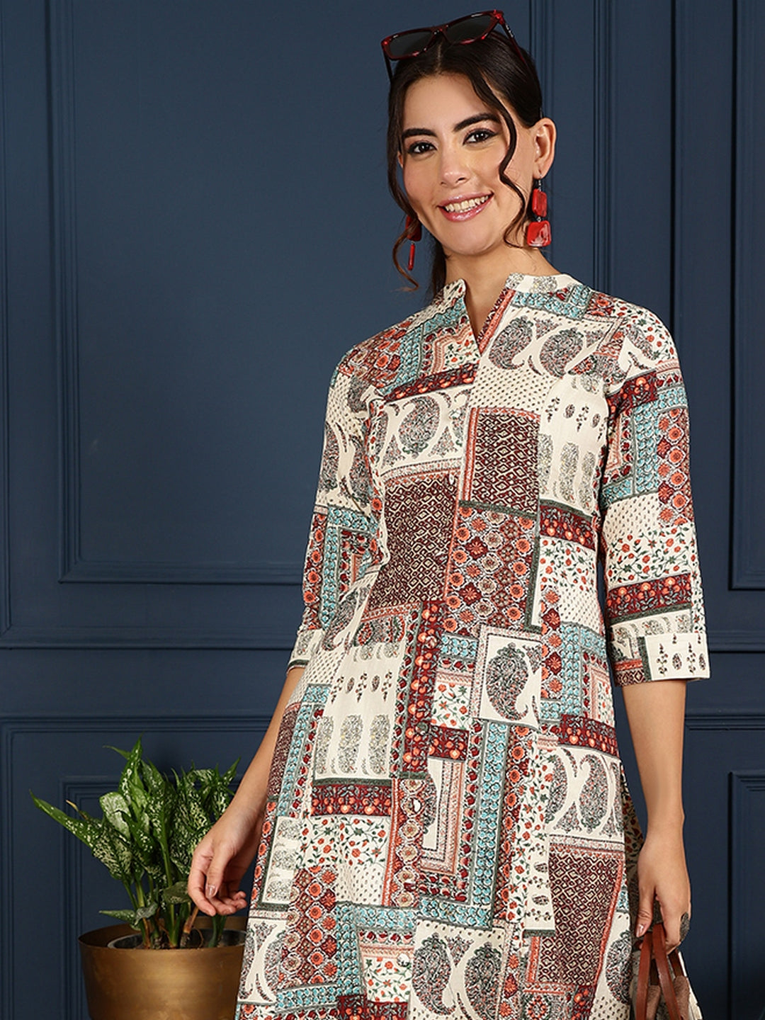 Flex Calf Length Printed A-Line 3/4 Sleeves Mandarin Coller Kurta
