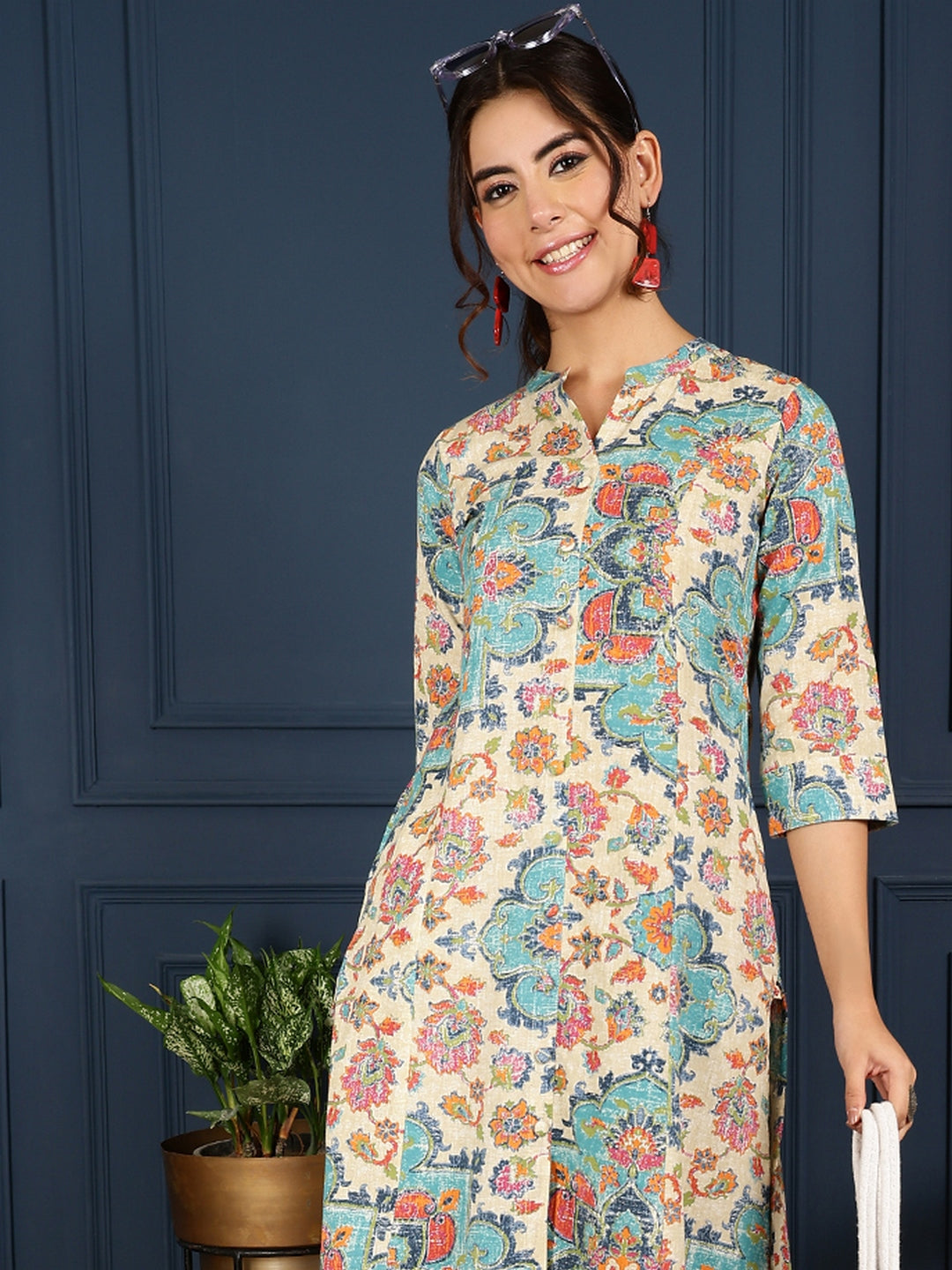 Flex Calf Length Printed A-Line 3/4 Sleeves Mandarin Coller Kurta