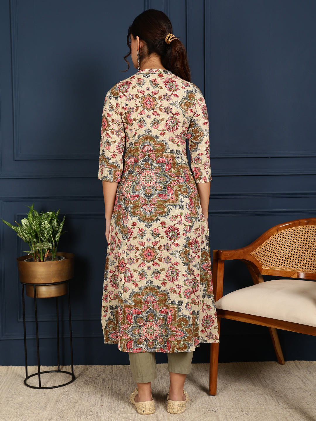 Flex Calf Length Printed A-Line 3/4 Sleeves Mandarin Coller Kurta