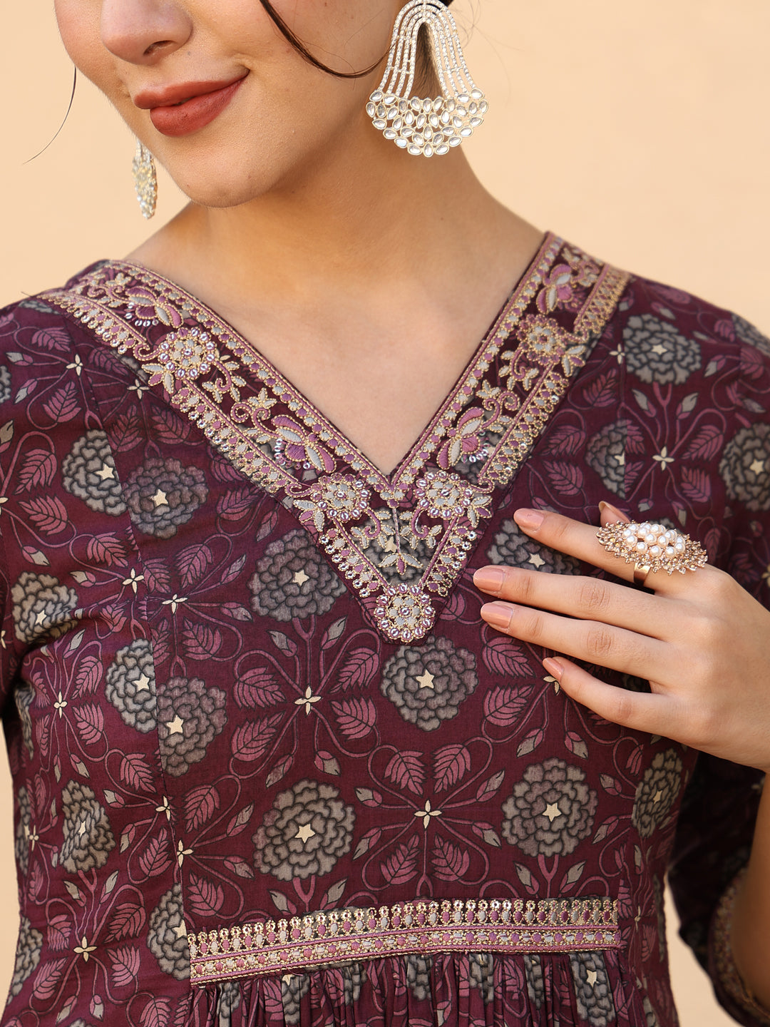 Cotton Calf Length Printed Flared 3/4 Sleeves V-Neck Kurta