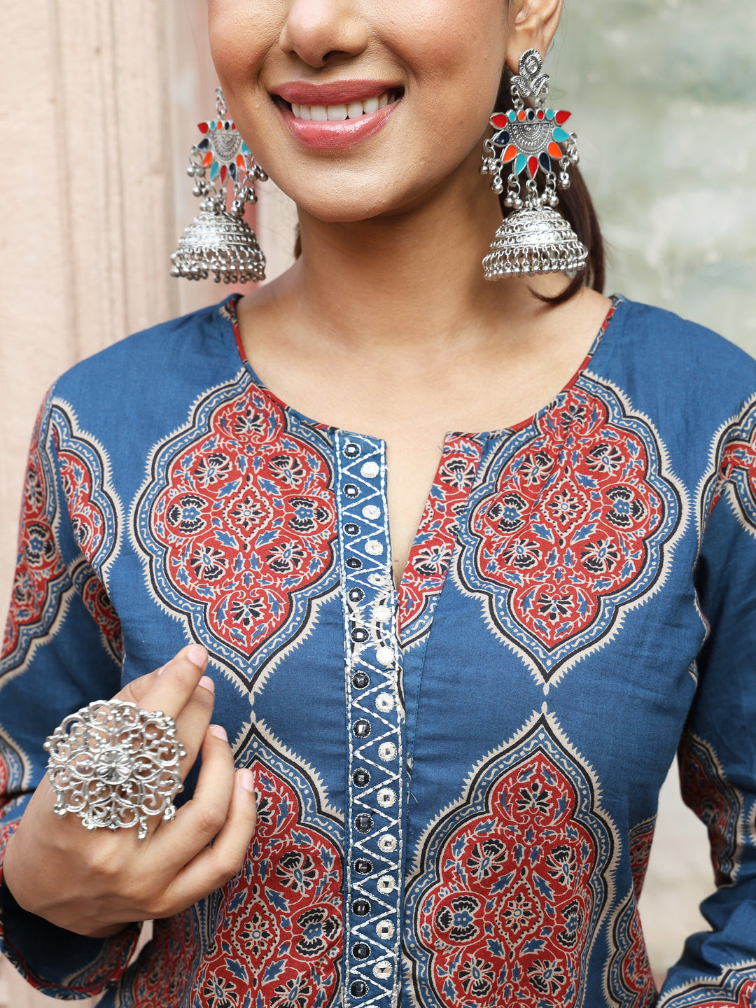 Cotton Calf Length Printed Straight 3/4 Sleeves Round Neck Kurta