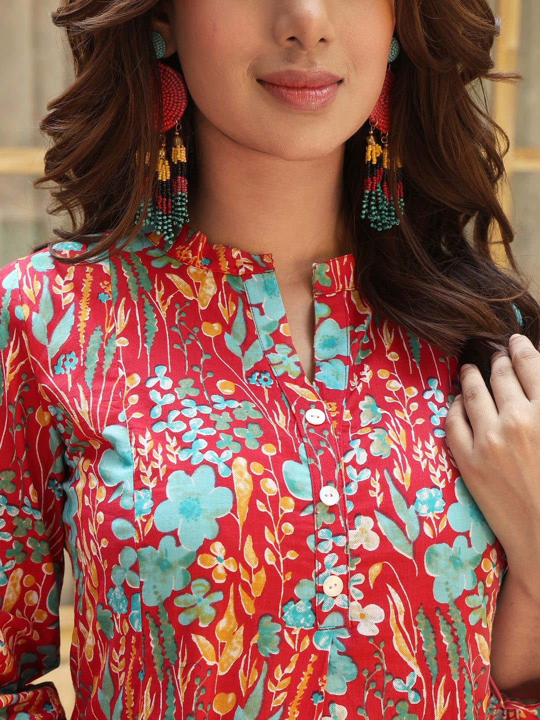 Cotton Hip Length Printed Straight 3/4 Sleeves Mandarin Kurta Bottom Set