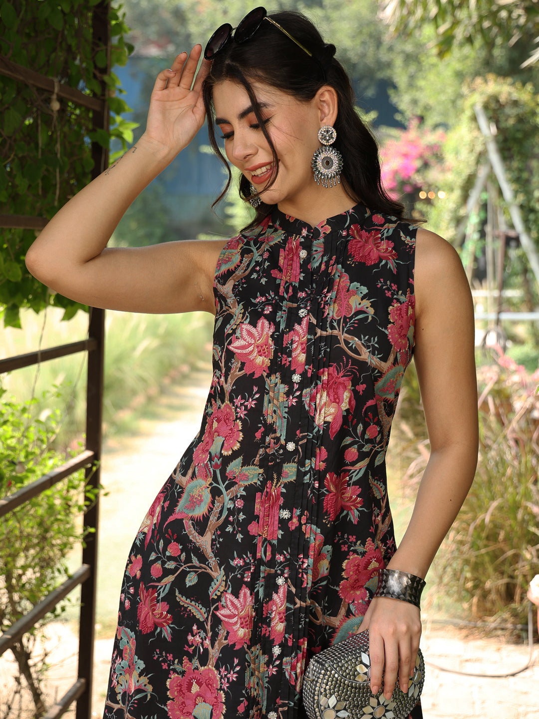 Cotton Calf Length Printed A-Line Sleeveless Sleeves Mandarin Kurta Bottom Set