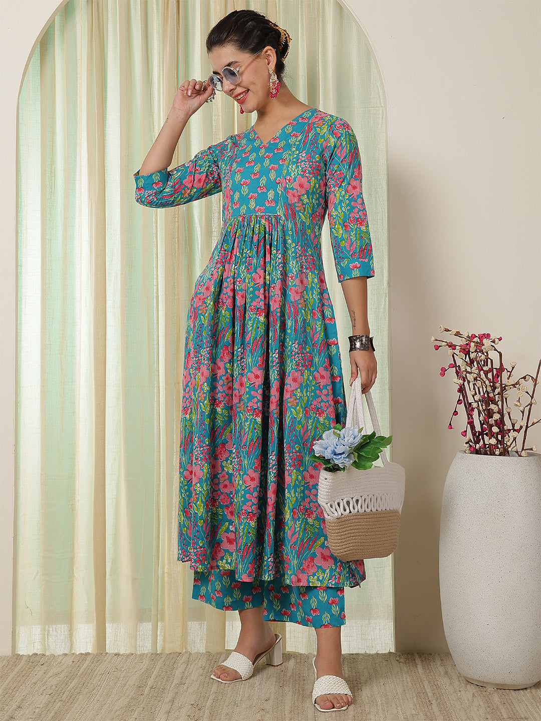 Cotton Calf Length Printed Flared 3/4 Sleeves V-Neck Kurta Bottom Set