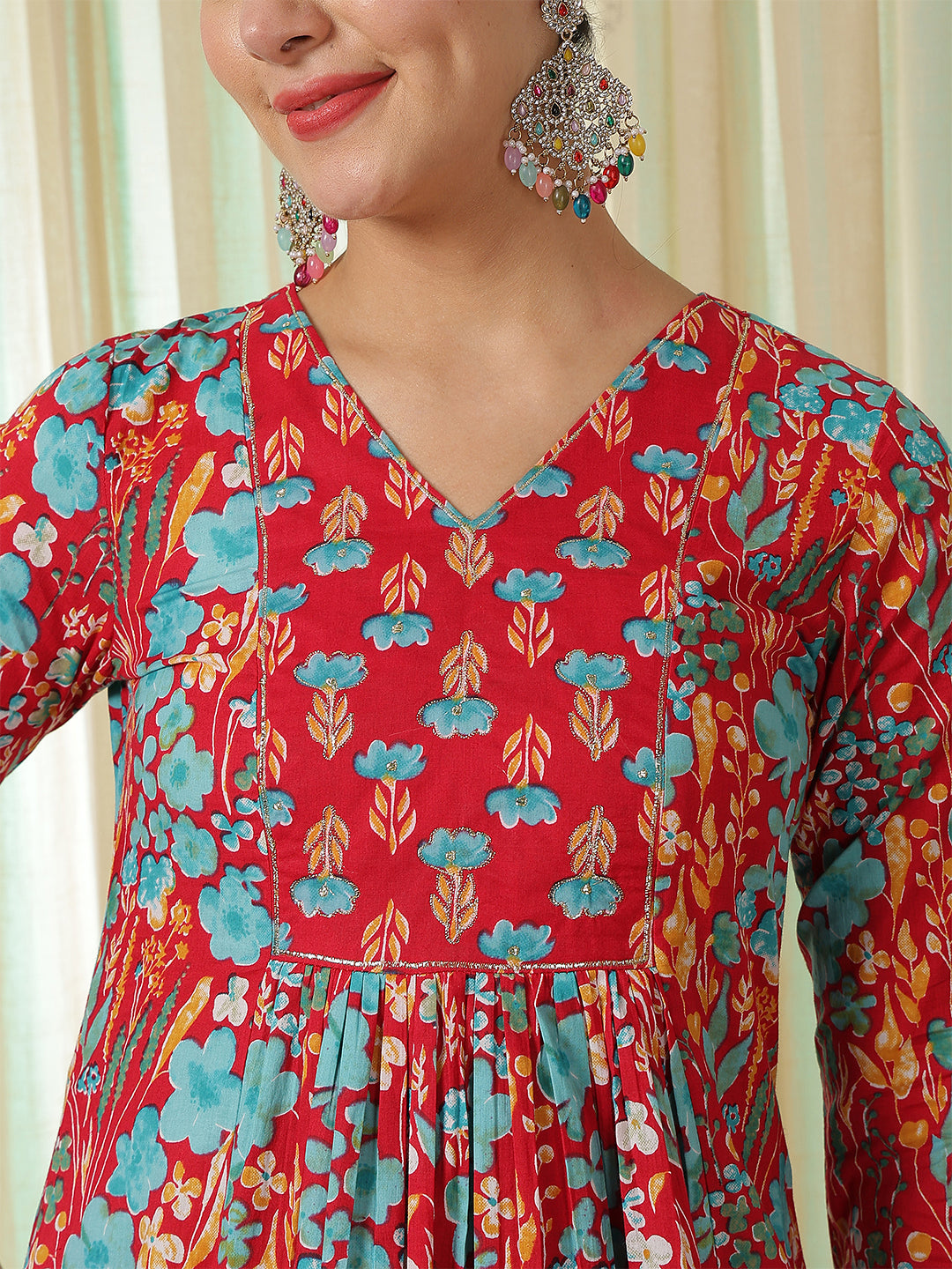 Cotton Calf Length Printed Flared 3/4 Sleeves V-Neck Kurta Bottom Set