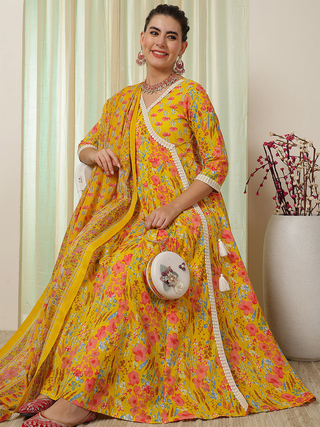 Cotton Calf Length Printed Flared 3/4 Sleeves V-Neck Kurta Suit Set