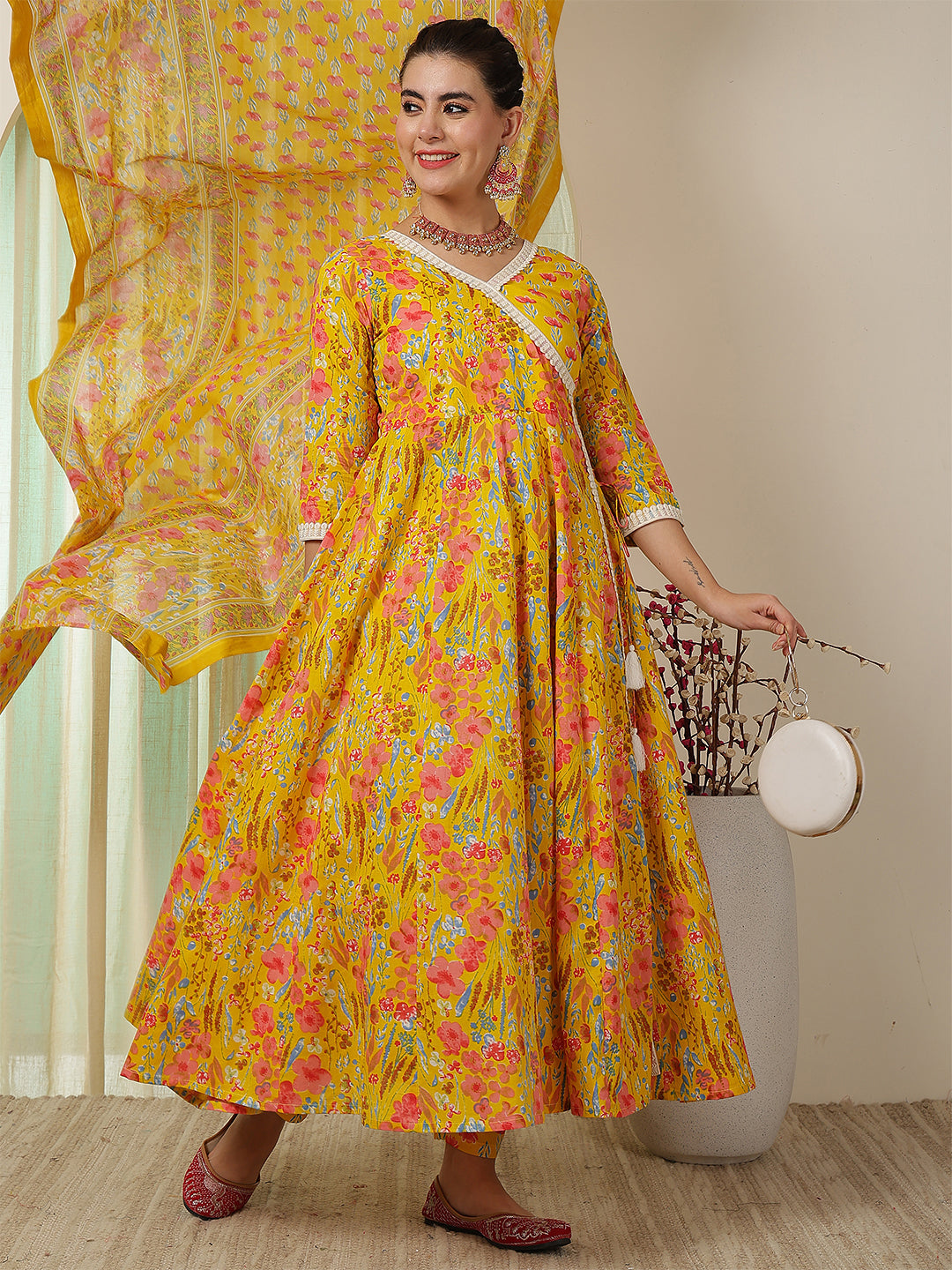 Cotton Calf Length Printed Flared 3/4 Sleeves V-Neck Kurta Suit Set