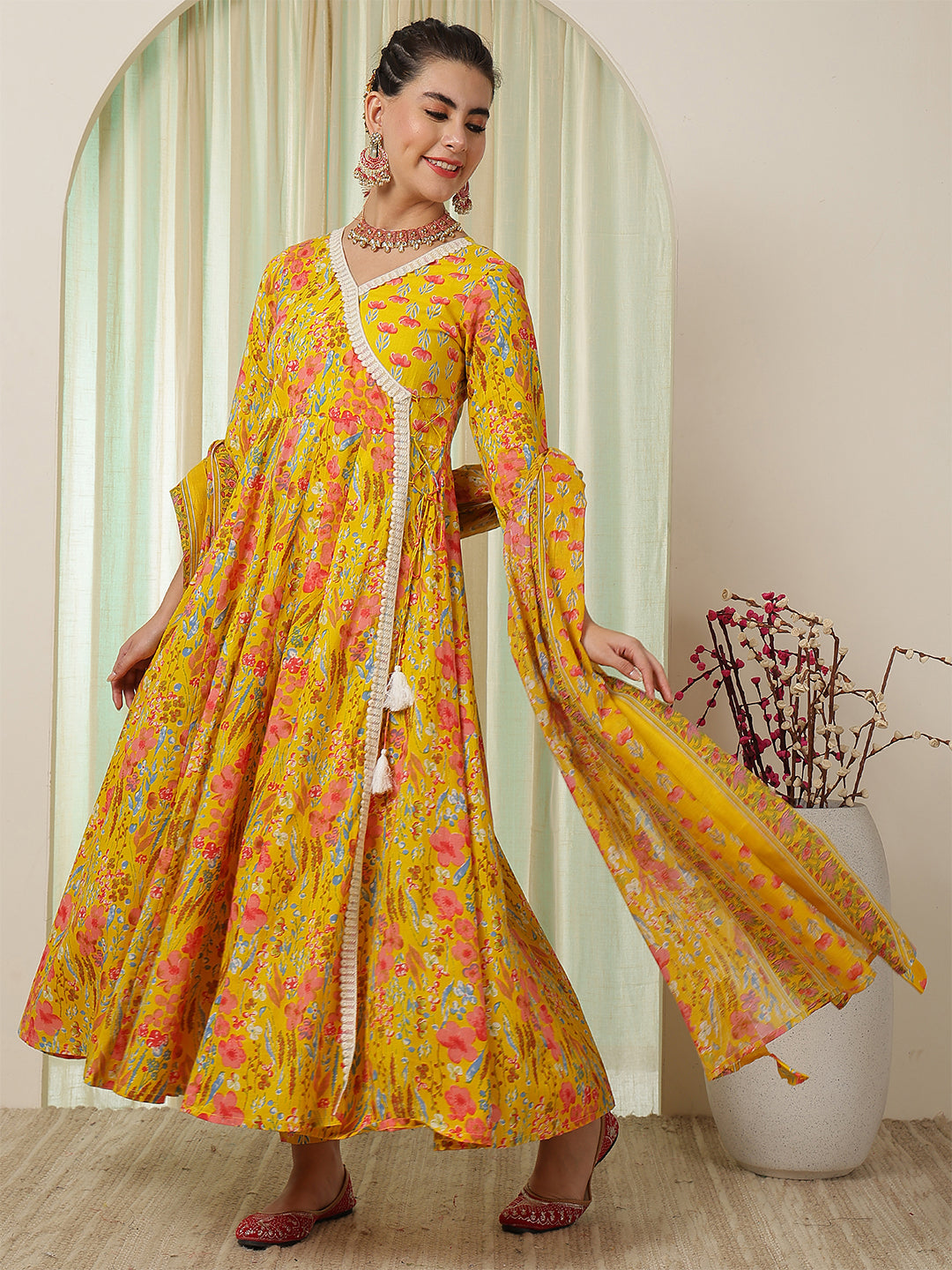 Cotton Calf Length Printed Flared 3/4 Sleeves V-Neck Kurta Suit Set