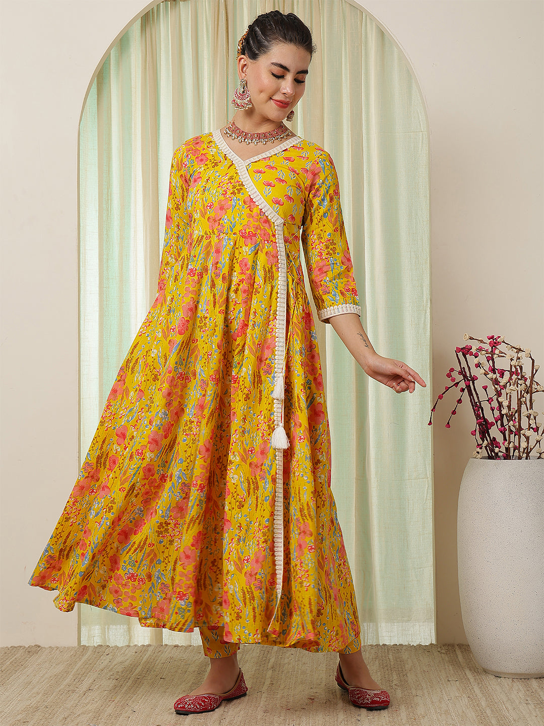 Cotton Calf Length Printed Flared 3/4 Sleeves V-Neck Kurta Suit Set
