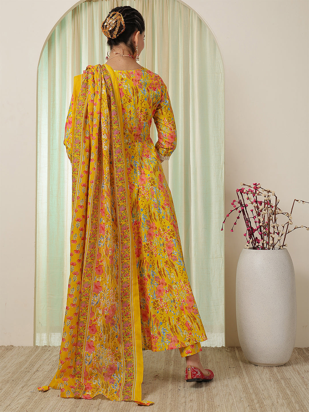 Cotton Calf Length Printed Flared 3/4 Sleeves V-Neck Kurta Suit Set