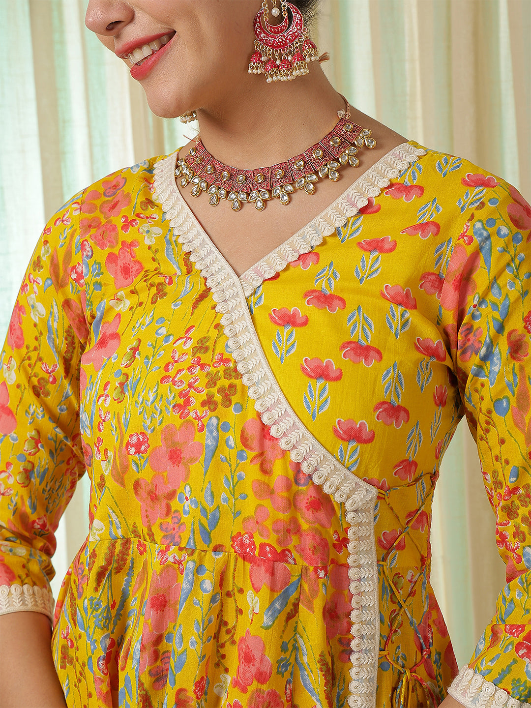 Cotton Calf Length Printed Flared 3/4 Sleeves V-Neck Kurta Suit Set