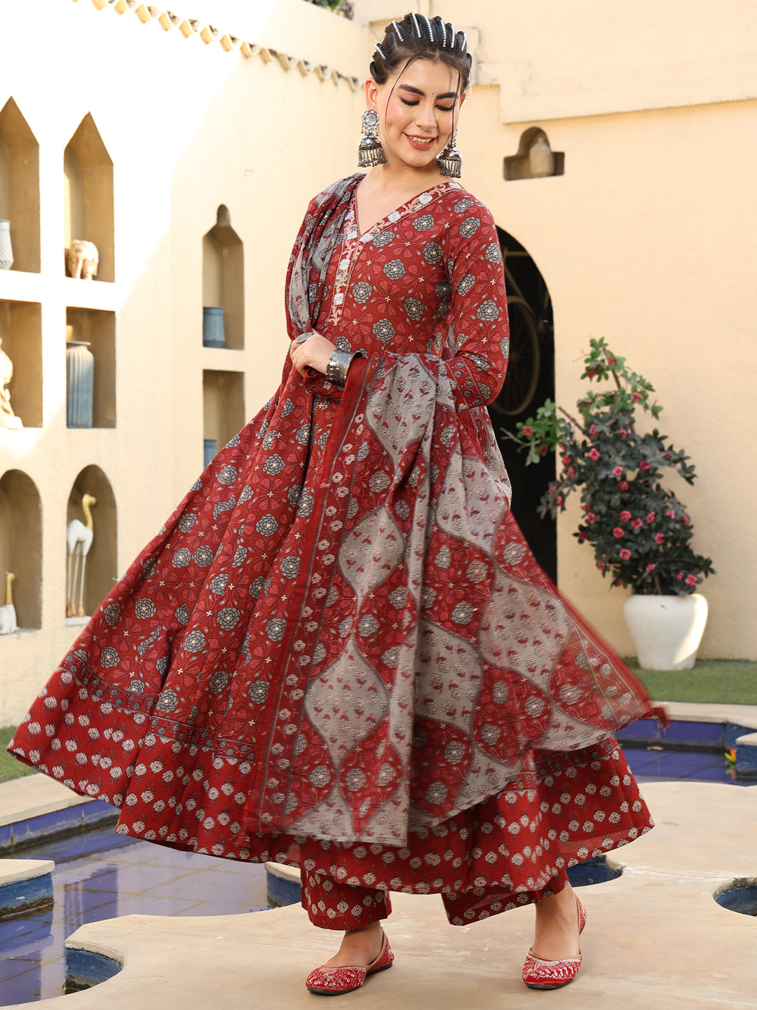 Gulmohar Jaipur maroon cotton printed kurta suit set – wholesale supplier
