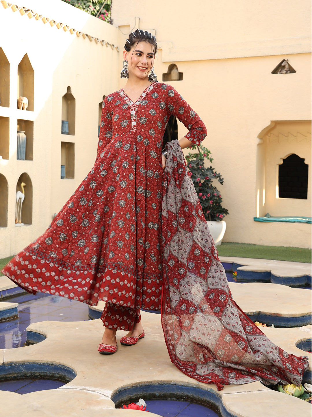 Cotton Calf Length Printed Flared 3/4 Sleeves V-Neck Kurta Suit Set