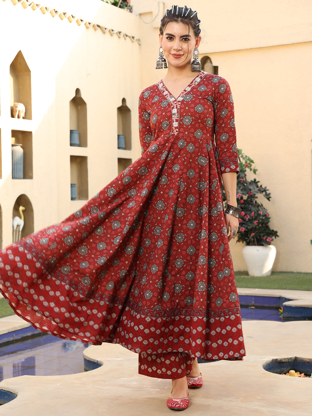 Cotton Calf Length Printed Flared 3/4 Sleeves V-Neck Kurta Suit Set