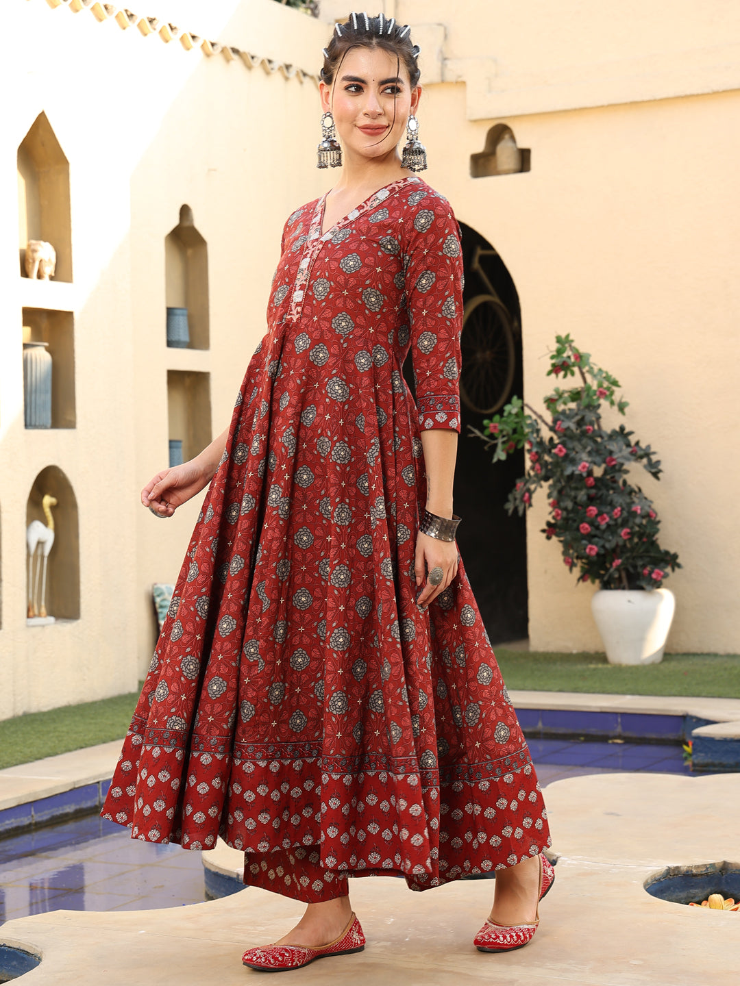 Cotton Calf Length Printed Flared 3/4 Sleeves V-Neck Kurta Suit Set