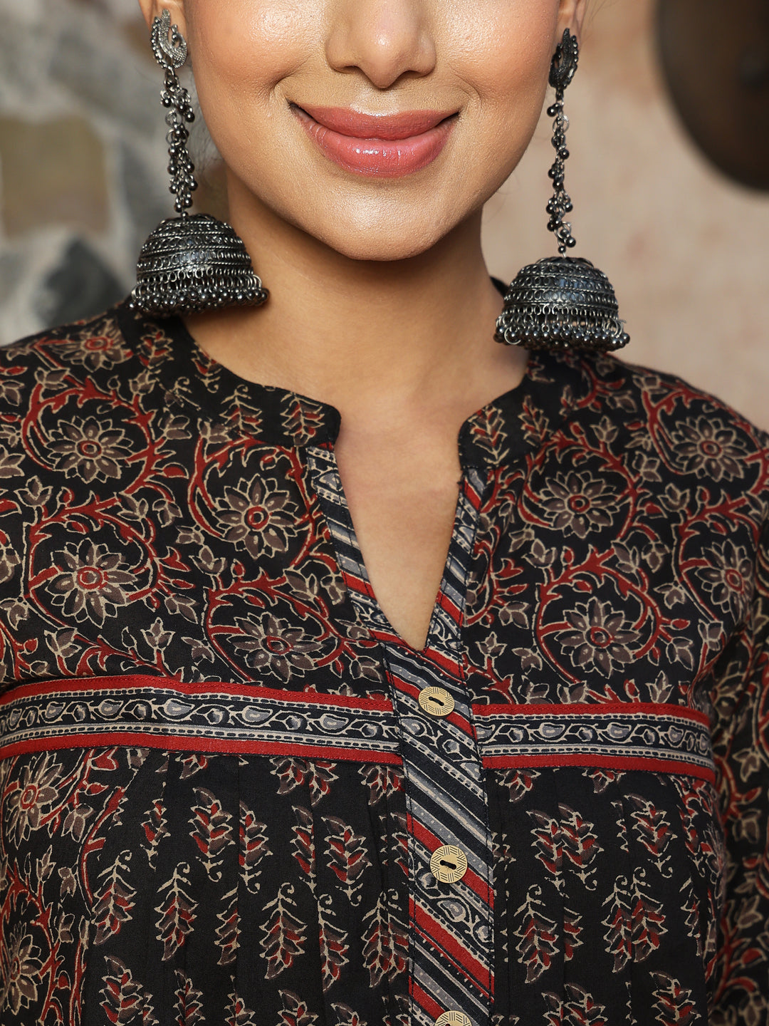 Cotton Calf Length Printed Flared 3/4 Sleeves Mandarin Kurta Suit Set