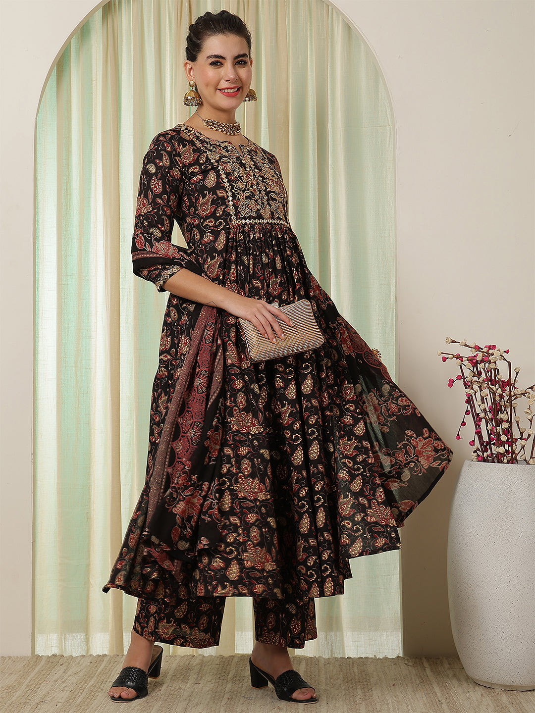 Cotton Calf Length Printed Flared 3/4 Sleeves Round Neck Kurta Suit Set