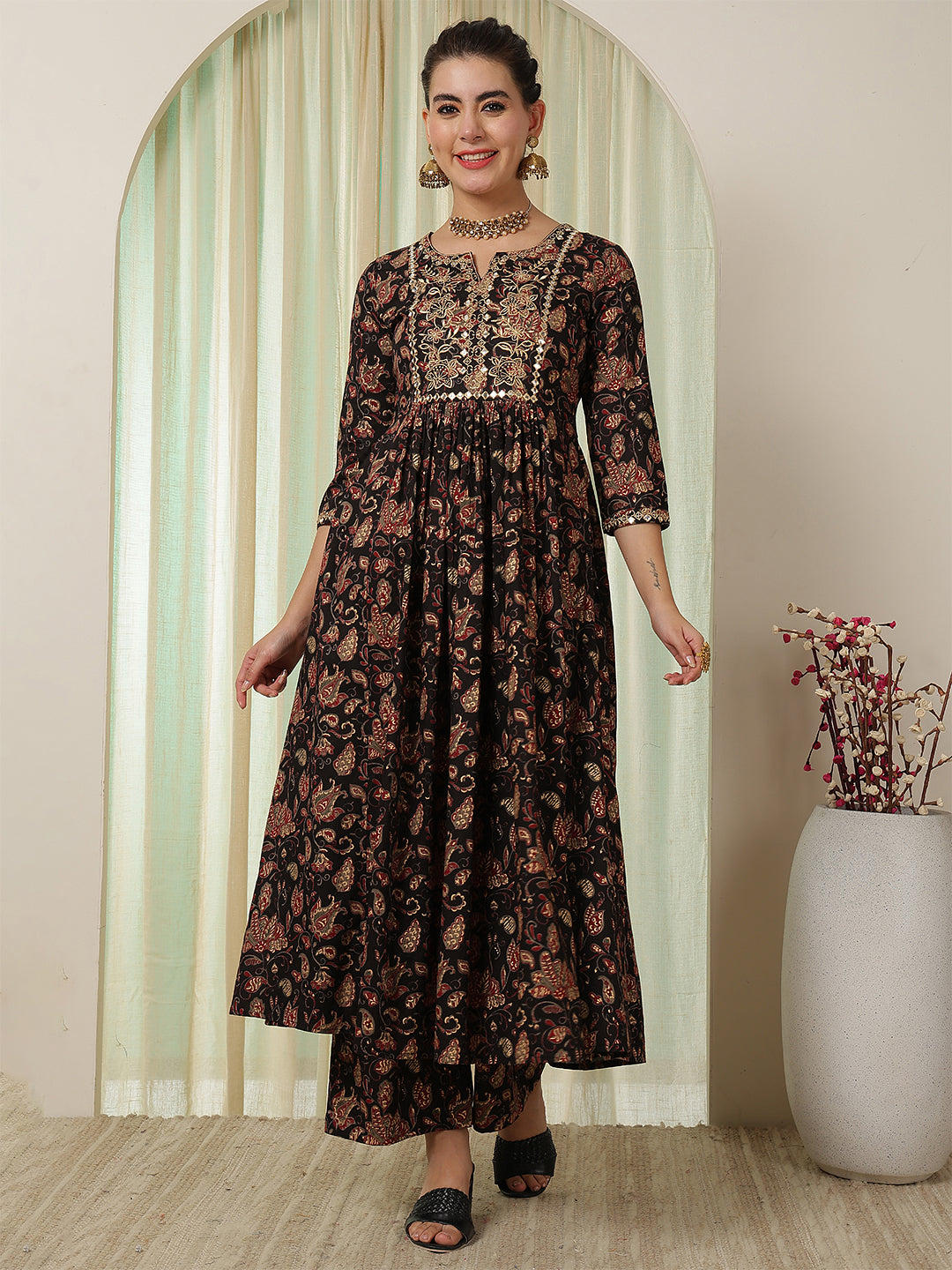 Cotton Calf Length Printed Flared 3/4 Sleeves Round Neck Kurta Suit Set