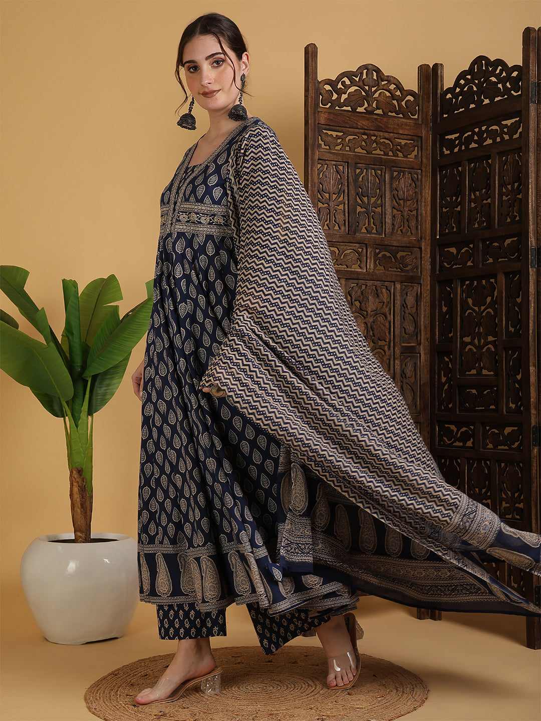 Cotton Calf Length Printed Flared 3/4 Sleeves V-Neck Kurta Suit Set