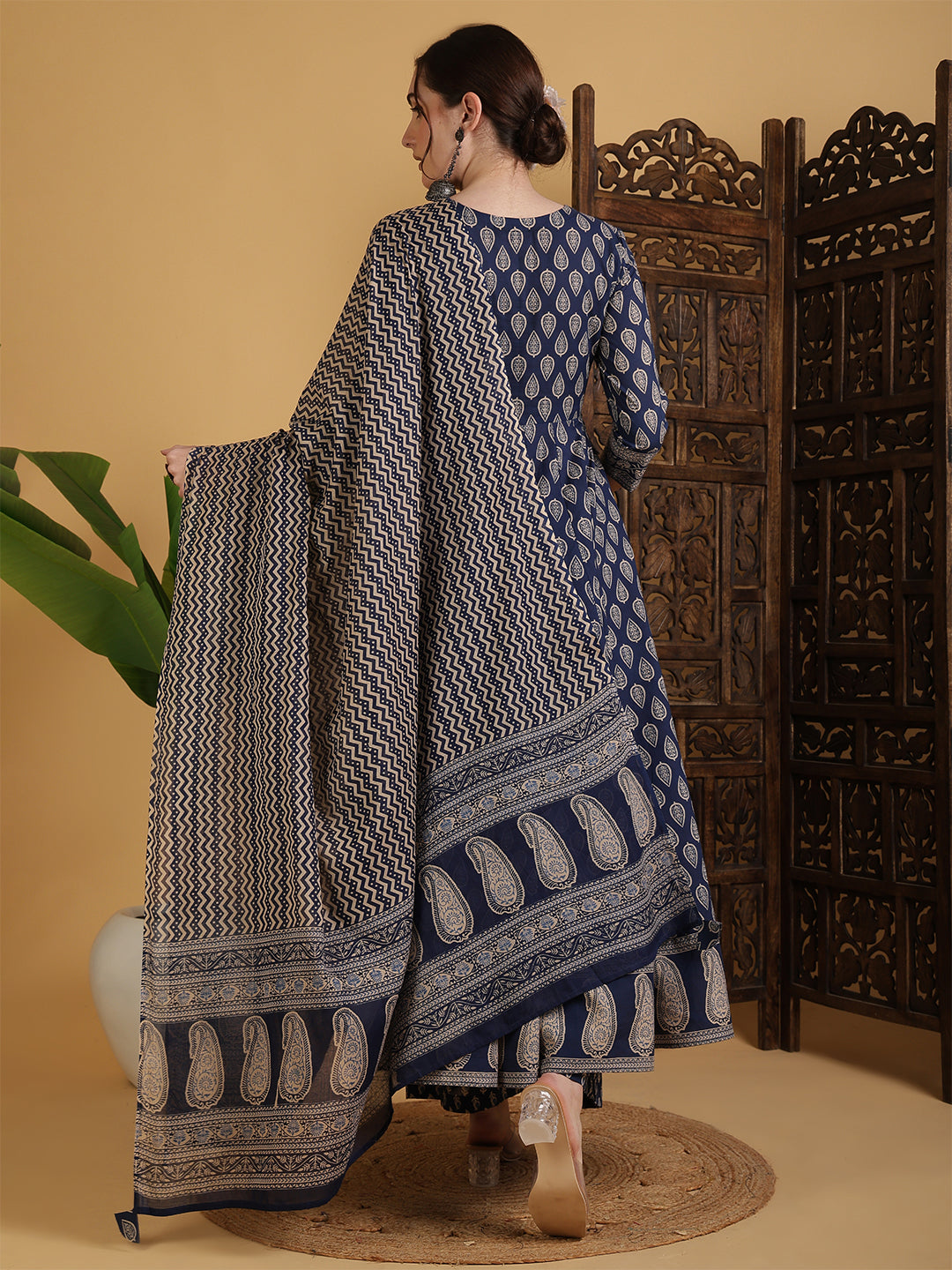 Cotton Calf Length Printed Flared 3/4 Sleeves V-Neck Kurta Suit Set