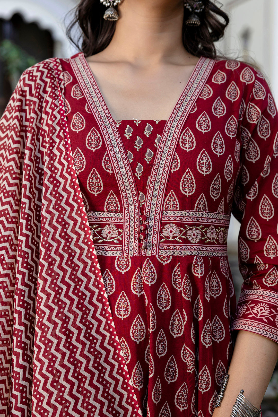 Cotton Calf Length Printed Flared 3/4 Sleeves V-Neck Kurta Suit Set