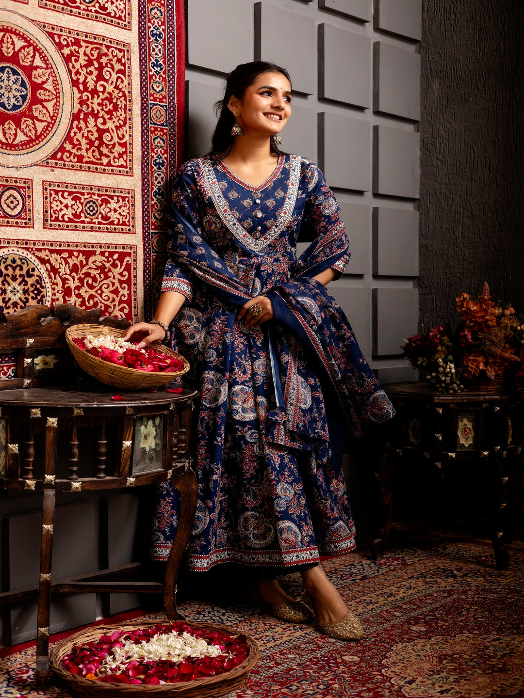 Cotton Calf Length Printed Flared 3/4 Sleeves V-Neck Kurta Bottom Dupatta Set