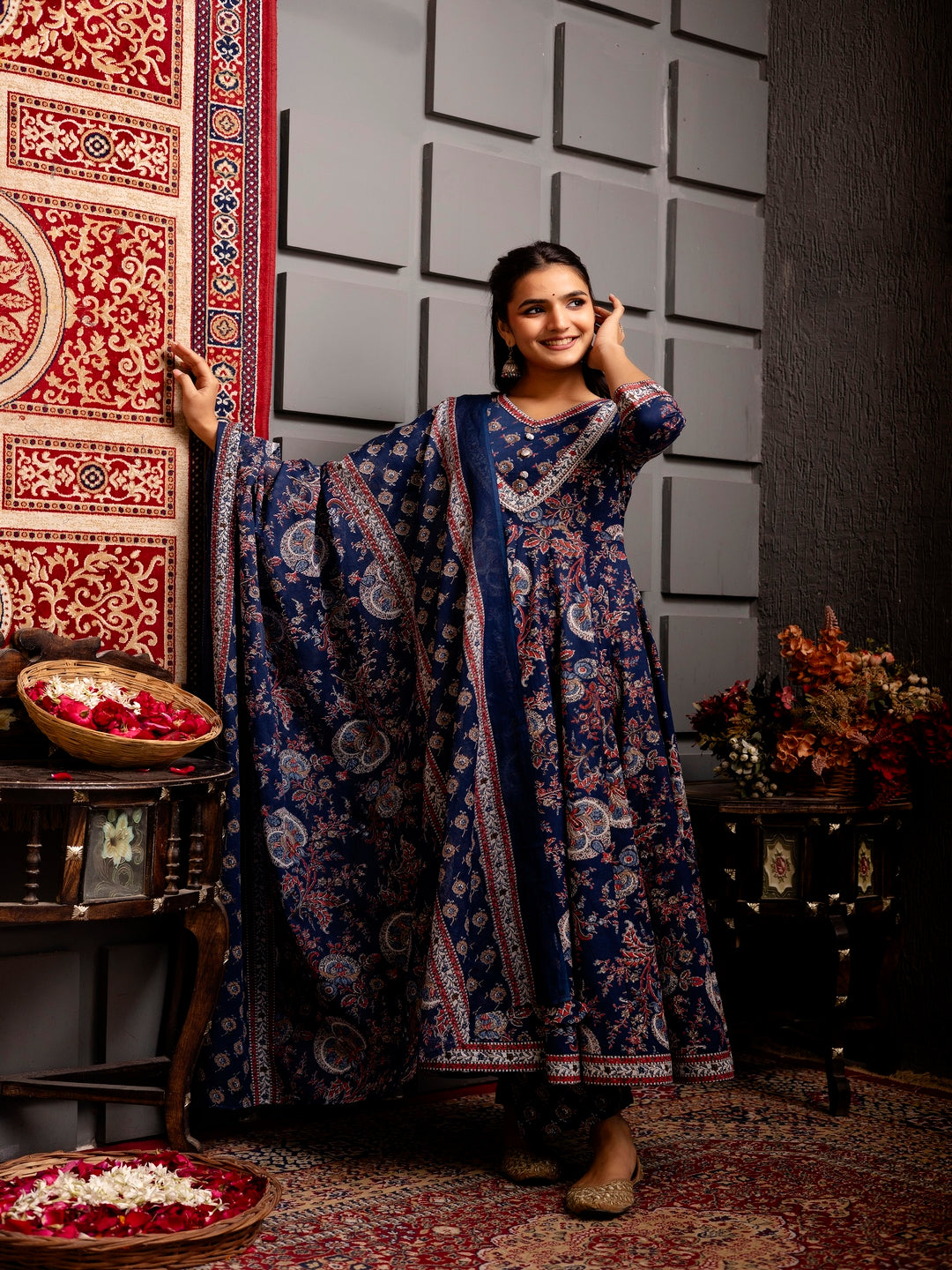 Cotton Calf Length Printed Flared 3/4 Sleeves V-Neck Kurta Bottom Dupatta Set