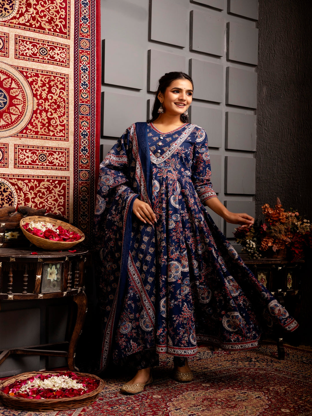 Cotton Calf Length Printed Flared 3/4 Sleeves V-Neck Kurta Bottom Dupatta Set