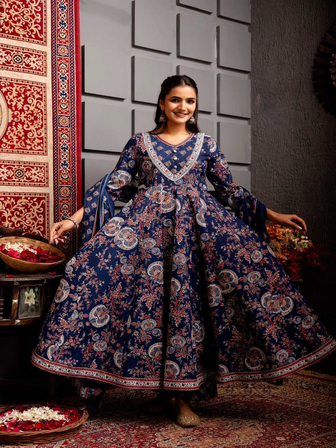 Cotton Calf Length Printed Flared 3/4 Sleeves V-Neck Kurta Bottom Dupatta Set