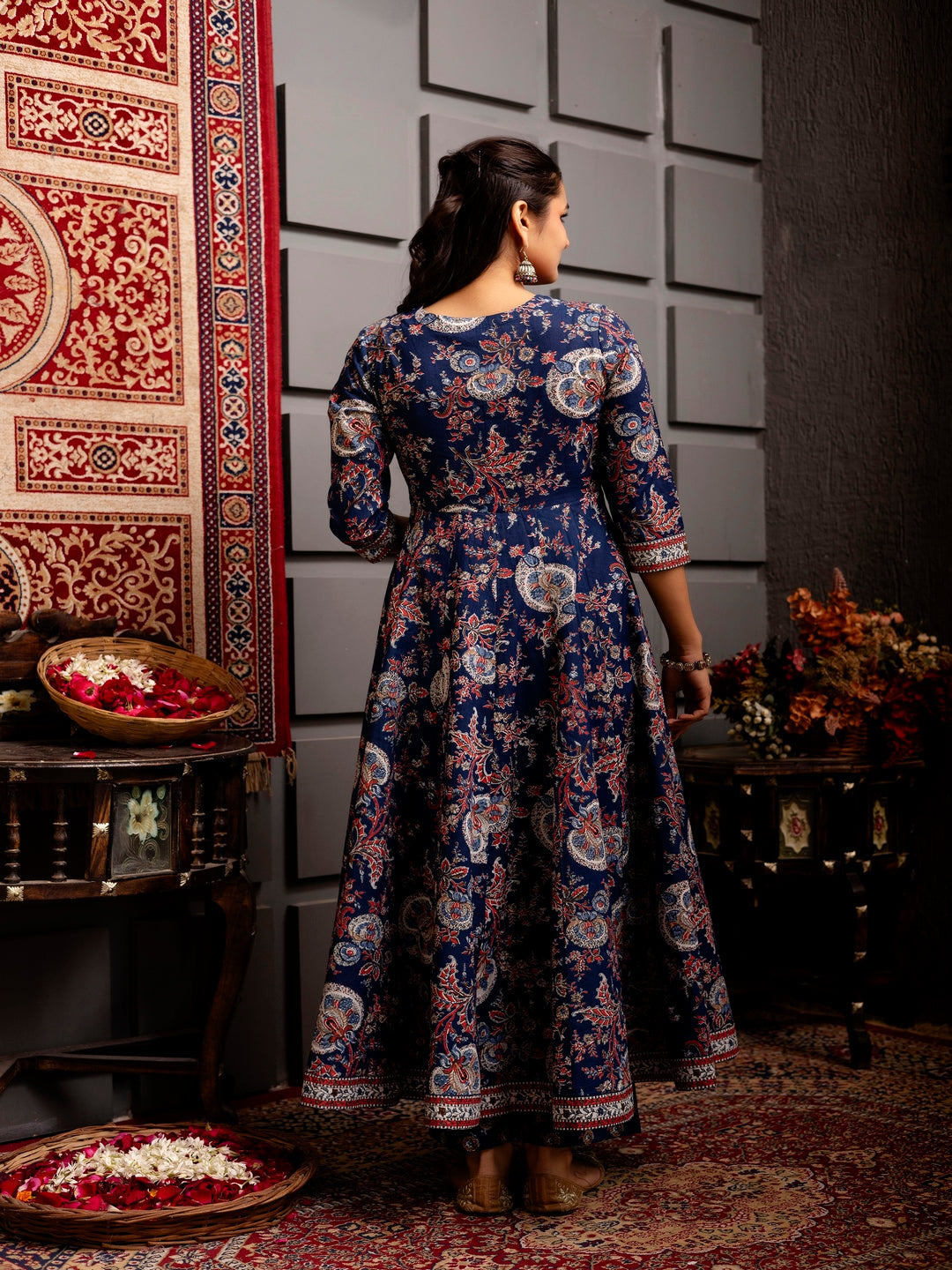 Cotton Calf Length Printed Flared 3/4 Sleeves V-Neck Kurta Bottom Dupatta Set