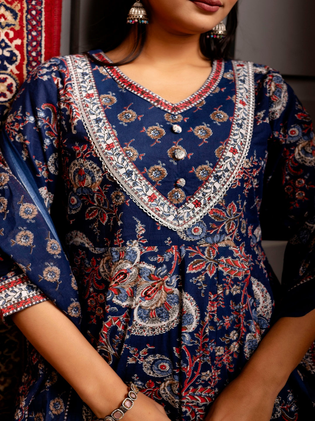 Cotton Calf Length Printed Flared 3/4 Sleeves V-Neck Kurta Bottom Dupatta Set