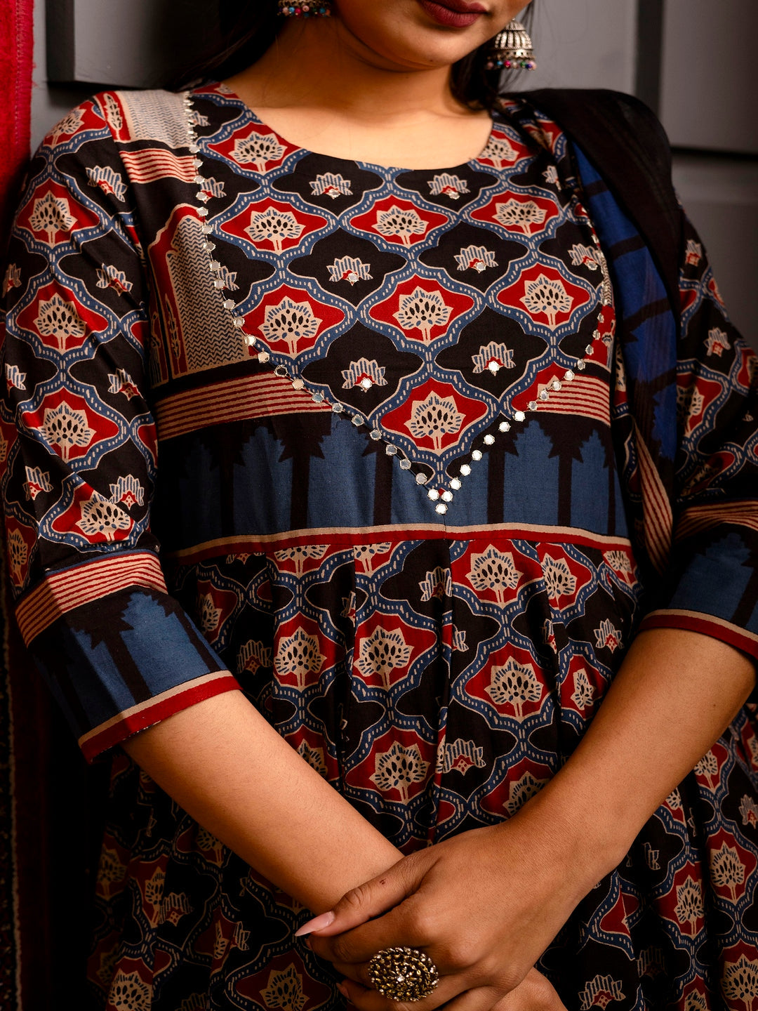 Cotton Calf Length Printed Flared 3/4 Sleeves Round Neck Kurta Bottom Dupatta Set