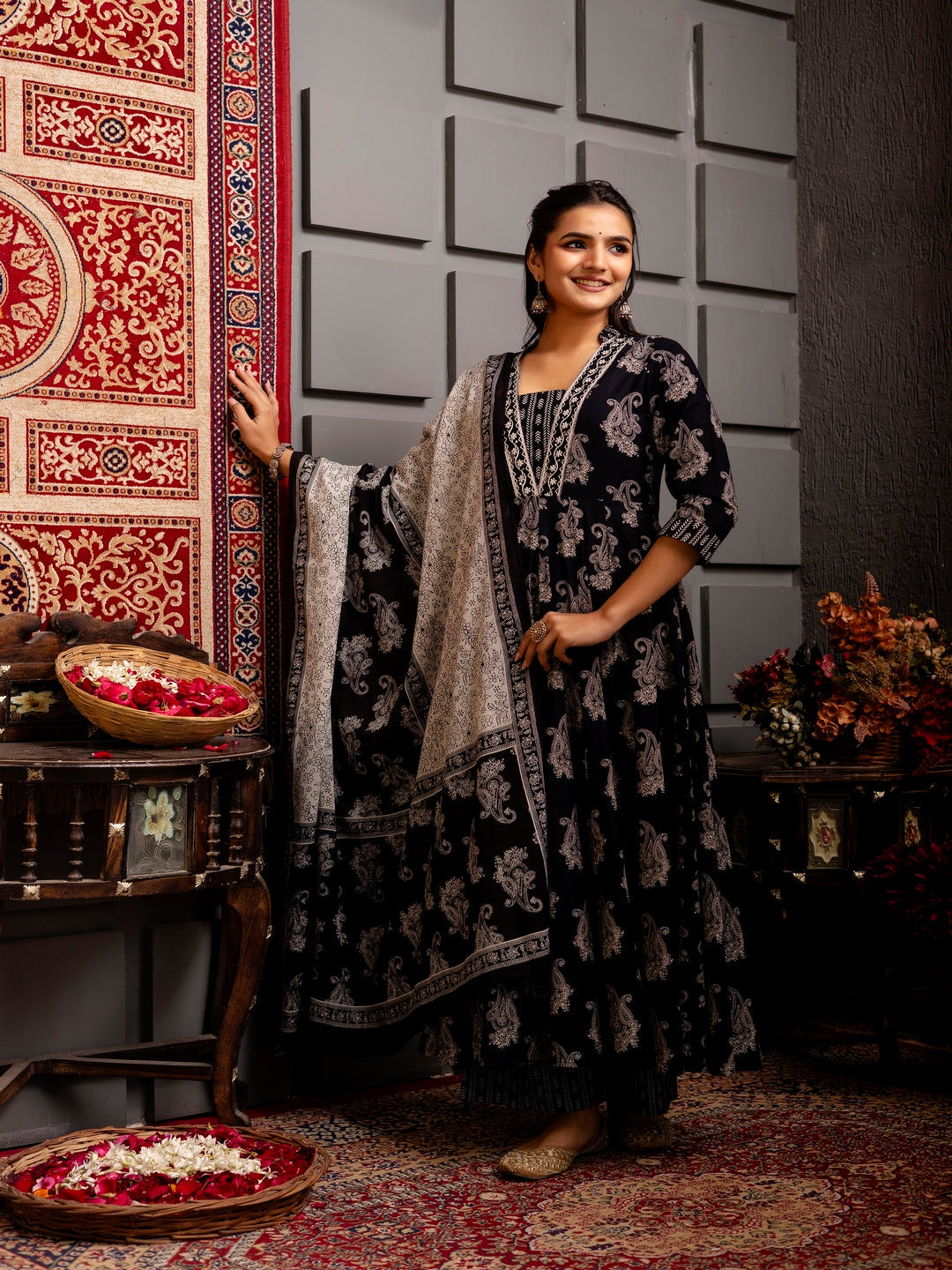 Cotton Calf Length Printed Flared 3/4 Sleeves V-Neck Kurta Bottom Dupatta Set