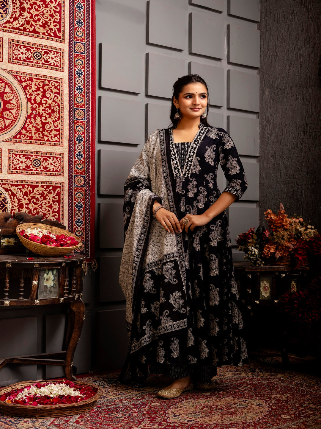 Cotton Calf Length Printed Flared 3/4 Sleeves V-Neck Kurta Bottom Dupatta Set