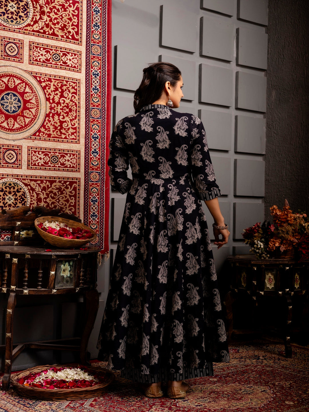Cotton Calf Length Printed Flared 3/4 Sleeves V-Neck Kurta Bottom Dupatta Set