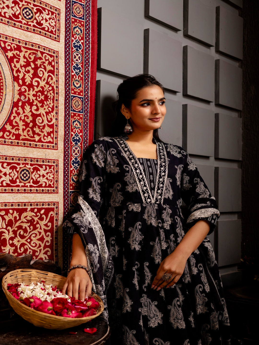 Cotton Calf Length Printed Flared 3/4 Sleeves V-Neck Kurta Bottom Dupatta Set
