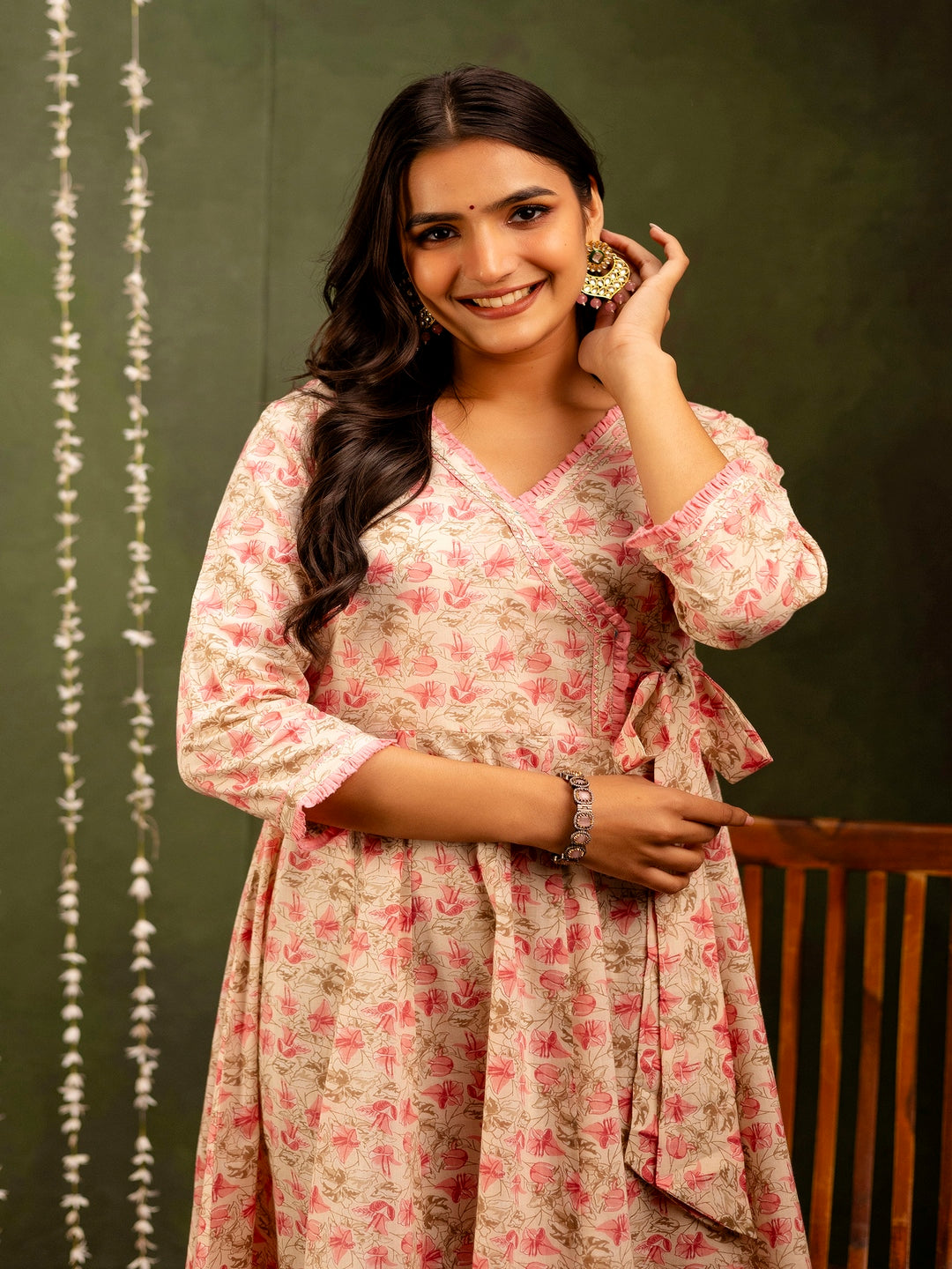 Cotton Calf Length Printed Flared 3/4 Sleeves Angrakha Kurta