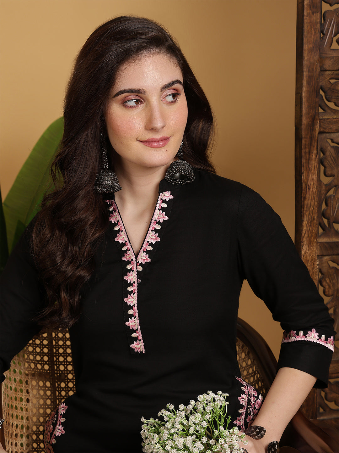 Rayon Calf Length Solid Straight 3/4 Sleeves V-Neck Kurta