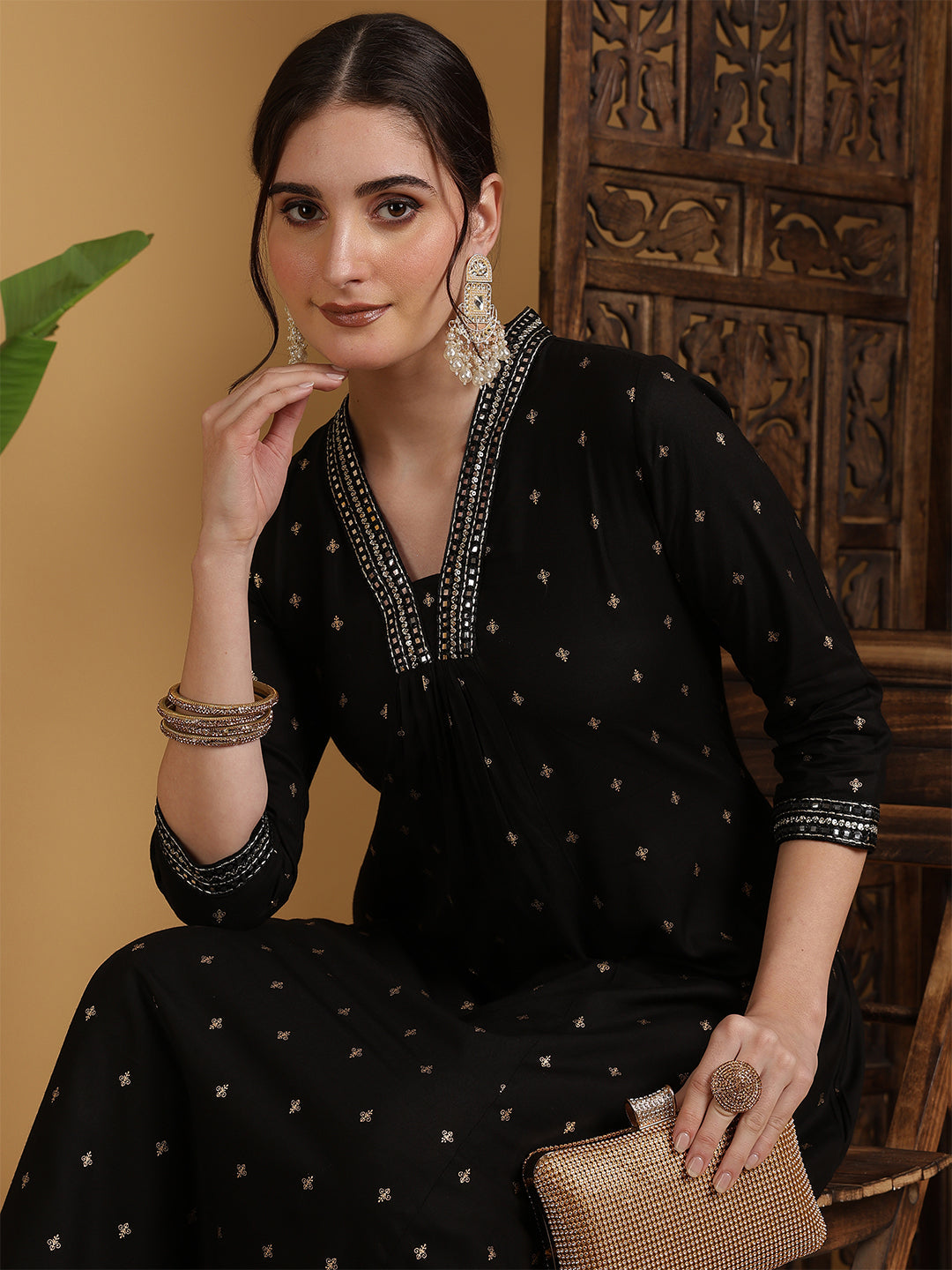 Rayon Calf Length Solid Semi-Flared 3/4 Sleeves V-Neck Kurta