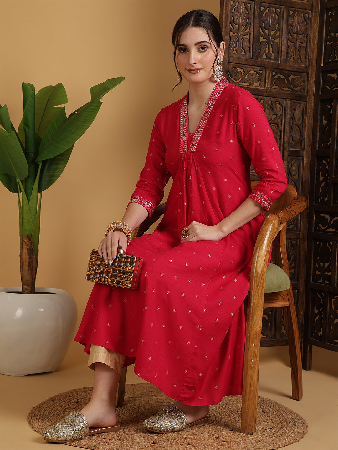 Rayon Calf Length Solid Semi-Flared 3/4 Sleeves V-Neck Kurta