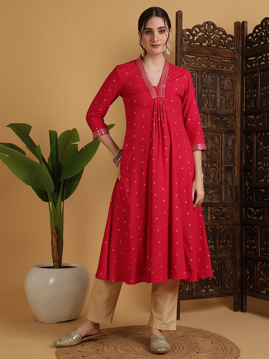Rayon Calf Length Solid Semi-Flared 3/4 Sleeves V-Neck Kurta