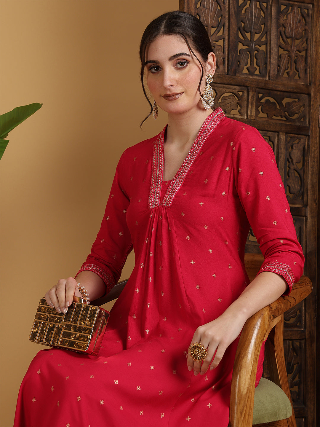Rayon Calf Length Solid Semi-Flared 3/4 Sleeves V-Neck Kurta
