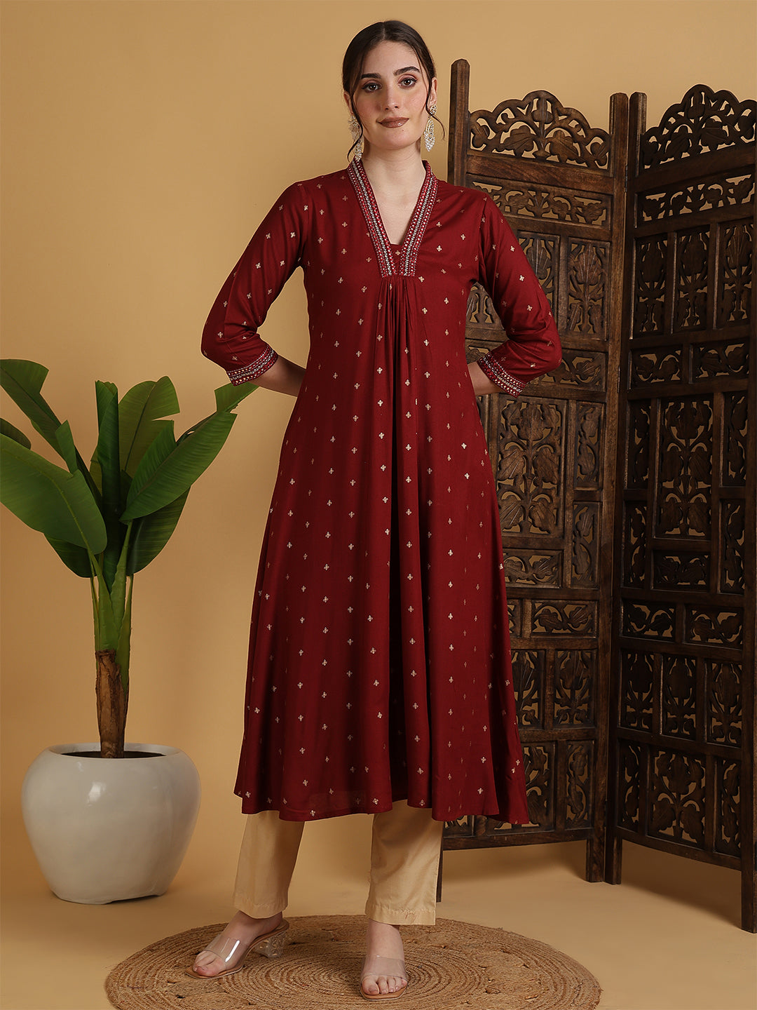 Rayon Calf Length Solid Semi-Flared 3/4 Sleeves V-Neck Kurta