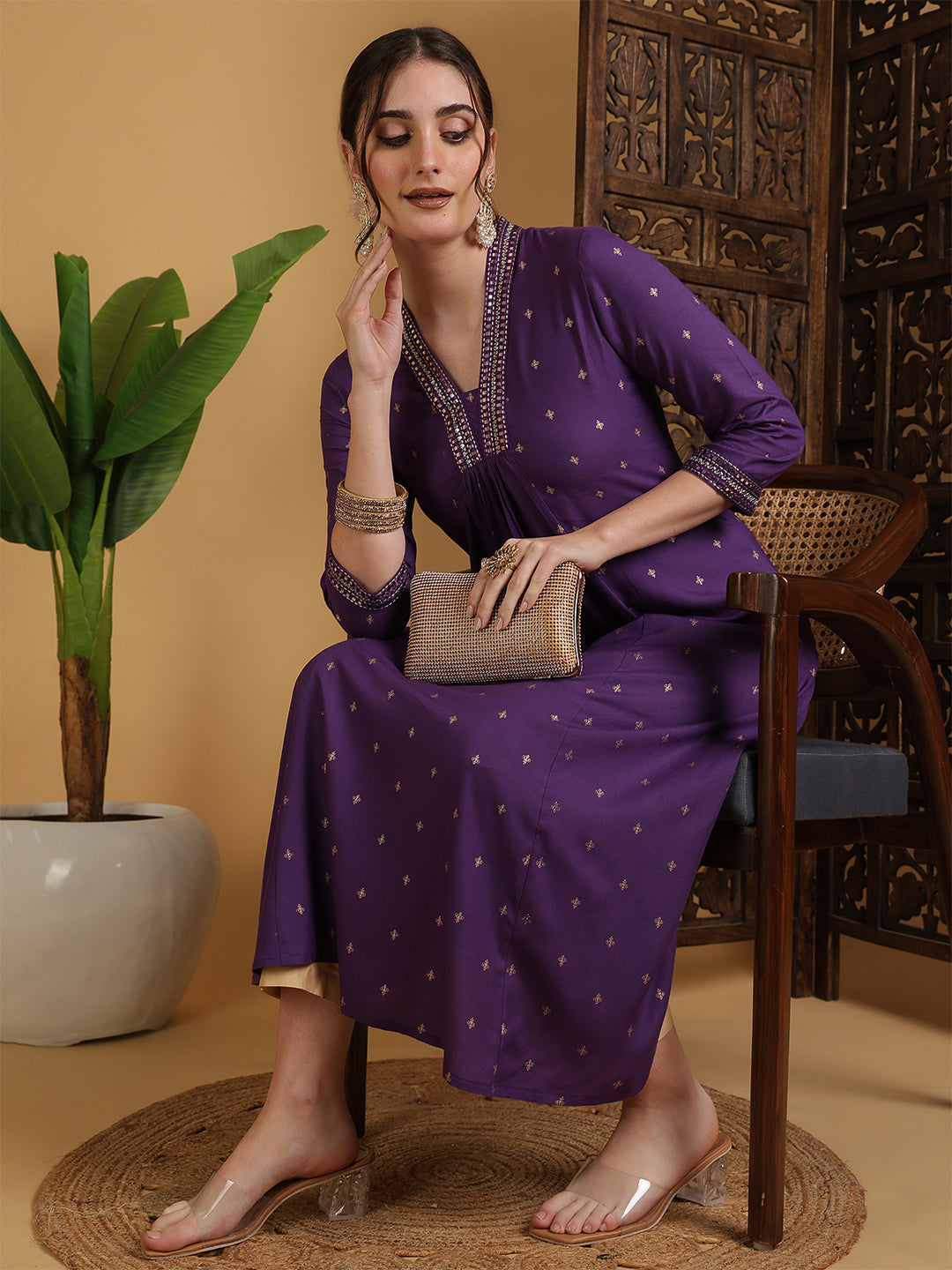 Rayon Calf Length Solid Semi-Flared 3/4 Sleeves V-Neck Kurta