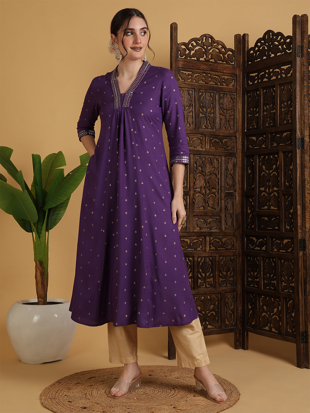 Rayon Calf Length Solid Semi-Flared 3/4 Sleeves V-Neck Kurta