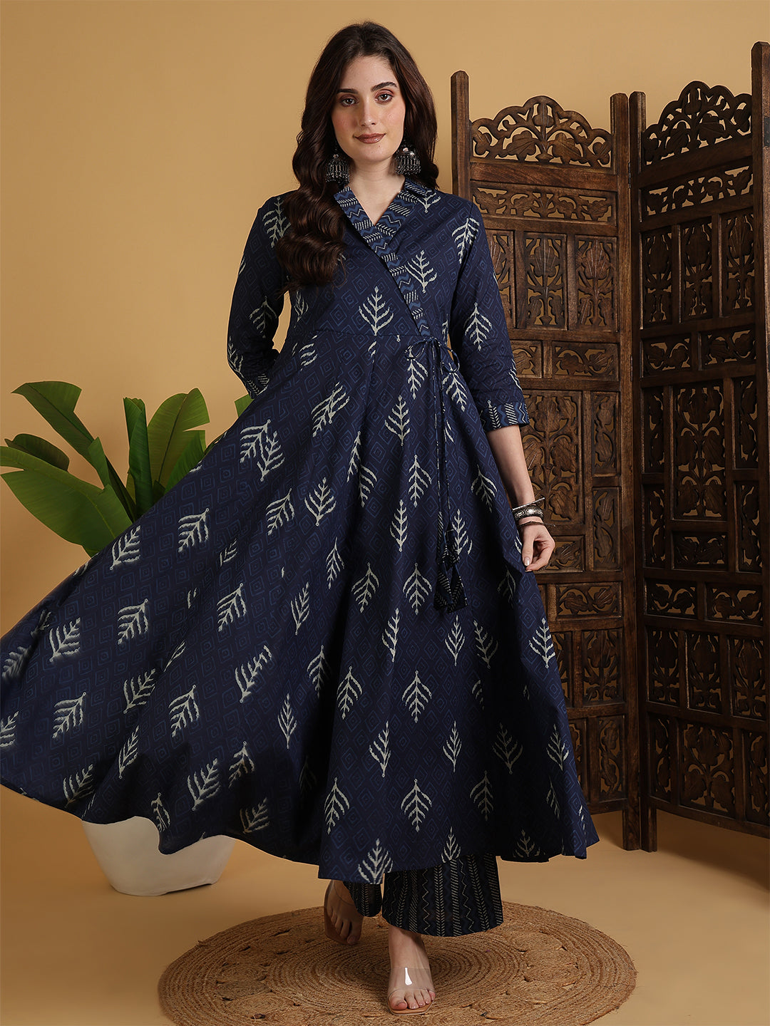Cotton Calf Length Printed Flared 3/4 Sleeves V-Neck Kurta Suit Set