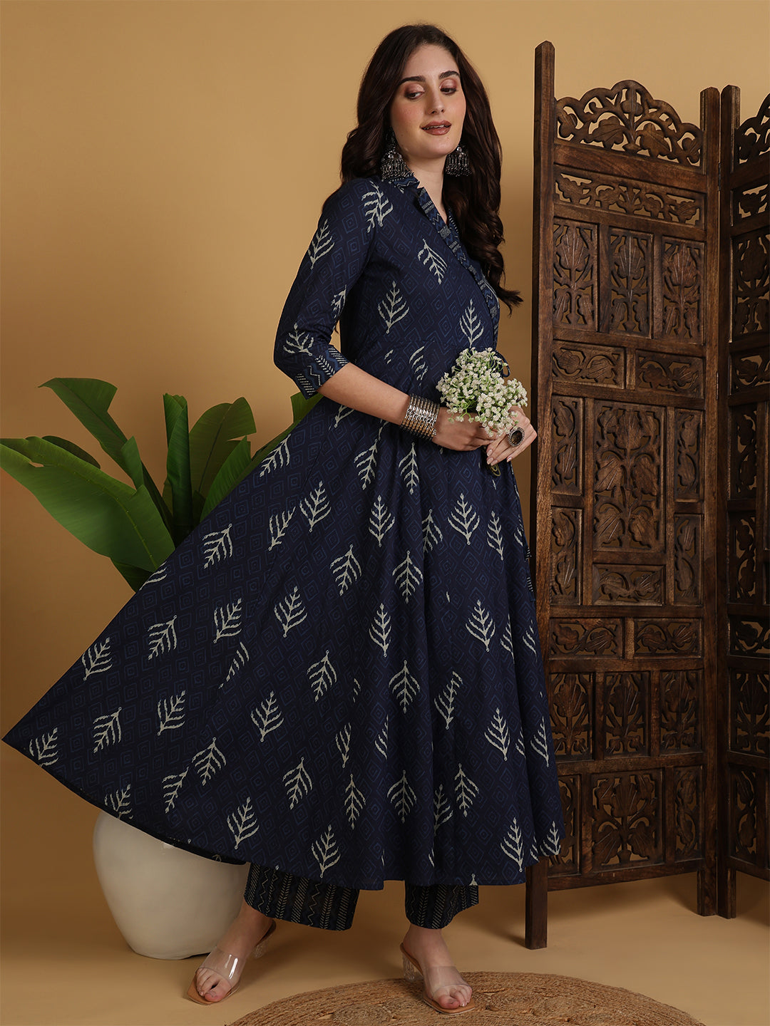 Cotton Calf Length Printed Flared 3/4 Sleeves V-Neck Kurta Suit Set